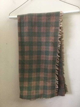 Womens, Shawl 1890s-1910s, Emerald Green, Mauve Pink, Cotton, Check , 3ft, 3ft, Low Class Flannel, Solid Mauve on Other Side, Self Fringed,