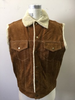 Mens, Leather Vest, SCULLY, Brown, Ecru, Suede, Acrylic, M, Snap Front, 2 Flap Snap Pockets, 2  Pockets, Ecru Fleece Collar Attached & Lined