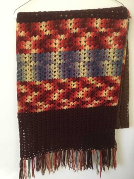 Womens, Shawl 1890s-1910s, N/L, Brown, Multi-color, Maroon Red, French Blue, Cream, Wool, Stripes - Horizontal , Crochet Thick Yarn, Brown/Slightly Lighter Brown Wide Stripes with Colorful Stripes a Center, Yarn Fringe at Ends,
