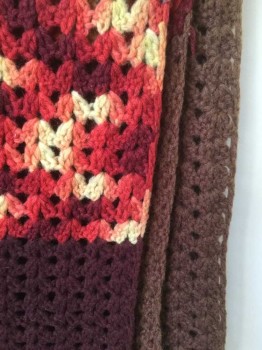 N/L, Brown, Multi-color, Maroon Red, French Blue, Cream, Wool, Stripes - Horizontal , Crochet Thick Yarn, Brown/Slightly Lighter Brown Wide Stripes with Colorful Stripes a Center, Yarn Fringe at Ends,