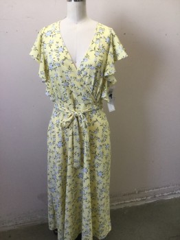 I STATE, Yellow, Baby Blue, White, Olive Green, Polyester, Floral, Crepe, Cross Over Bust, Butterfly Sleeves, Long, Matching Belt