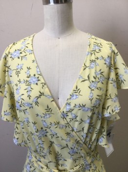 I STATE, Yellow, Baby Blue, White, Olive Green, Polyester, Floral, Crepe, Cross Over Bust, Butterfly Sleeves, Long, Matching Belt