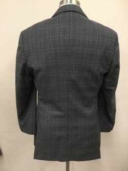 HUGO BOSS, Navy Blue, Gray, Black, Wool, Plaid, Single Breasted, Collar Attached, Notched Lapel, Hand Picked Collar/Lapel, 3 Pockets, 2 Buttons