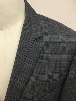 HUGO BOSS, Navy Blue, Gray, Black, Wool, Plaid, Single Breasted, Collar Attached, Notched Lapel, Hand Picked Collar/Lapel, 3 Pockets, 2 Buttons