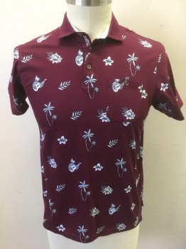 TED BAKER, Red Burgundy, White, Gray, Cotton, Tropical , Novelty Pattern, Burgundy with Gray and White Novelty Palm Trees, Flowers, and Parrots Playing the Guitar, Jersey, Short Sleeves, Collar Attached, 3 Button Front, 1 Patch Pocket with Button Closure