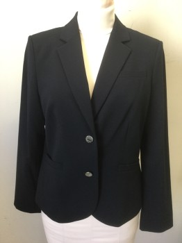 CALVIN KLEIN, Navy Blue, Polyester, Rayon, Solid, Single Breasted, Notched Lapel, 2 Silver Buttons, 3 Welt Pockets, Lining is White with Navy Pinstripes