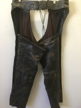 Mens, Chaps, UNIK, Dk Brown, Leather, Solid, XL, Pebbled Leather, Dark Brown Slightly Distressed, Brass Buckle with Strap, Back Lace Up, Zip/snap Legs