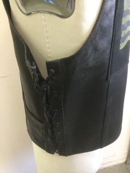 FMC, Black, Leather, Solid, Pebbled Leather, Slightly Distressed, V-neck, Lace Up Sides, Snap Front, Slit Pockets, Faded Lime Flag Iron on Patch with Rattle Snake on Back