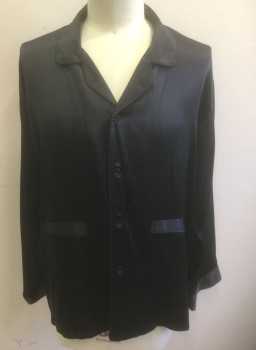INTIMO, Black, Silk, Solid, Satin, Long Sleeve Button Front, Rounded Notch Collar, 2 Patch Pockets