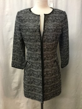 LUXE, Black, White, Silver, Cotton, Wool, Tweed, Black and White Tweed with Silver Lurex. Black Patent Trim at Crew Neck, Center Front, Pocket Trim and 3/4 Length Sleeve Cuffs. Hook and Eye Closure at Center Front,