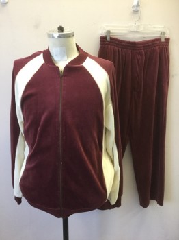 Mens, Sweatsuit Jacket, IRVINE PARK, Red Burgundy, Cream, Beige, Cotton, Polyester, Color Blocking, M, Burgundy with Cream Panels Along Raglan Sleeve Seam, Along Sides of Waist and Under Arms, Beige Piping, Plush Velour, Zip Front