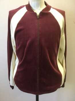 Mens, Sweatsuit Jacket, IRVINE PARK, Red Burgundy, Cream, Beige, Cotton, Polyester, Color Blocking, M, Burgundy with Cream Panels Along Raglan Sleeve Seam, Along Sides of Waist and Under Arms, Beige Piping, Plush Velour, Zip Front