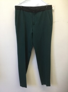 ZARA, Forest Green, Black, Polyester, Wool, Solid, Forest Green Crepe with Contrasting Black 1.25" Wide Waistband, Mid Rise, Slim Leg, Zip Fly, 4 Pockets, Invisible Zippers at Hems