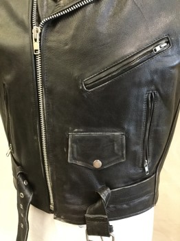 XELEMENT , Black, Leather, Polyester, Solid, (4 of Them:  44, 46, 48-50, 52) (aged/distressed) Black Leather, Black Quilt Lining, Motorcycle Style, Collar Attached with Silver Snap, Epaulettes, Off Side Zip Front, 4 Pockets, Belt Front Bottom with Metal Buckle, Orange/yellow/green Dog Face Design with " the VICIOUS CYCLES, NEW YORK" in the Back