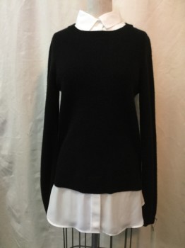 BLOOMINGDALES, Black, White, Cashmere, Polyester, Solid, White Collar Attached & Hem, Black Sweater, Crew Neck,
