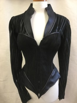 MTO, Black, Poly/Cotton, Leather, Stripes - Vertical , Stripes - Diagonal , Made To Order, Black Quilt High V-neck, Zip Front, Fitted, Long Sleeves, Lacing Back