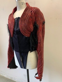 Mens, Jacket, MTO, Red, Black, Copper Metallic, Spandex, Rubber, Reptile/Snakeskin, Stripes, 38, Swirly Piping Applique on Spandex, Zip Front, Extra Long Sleeves, Black Spandex Front and Back Panel with Holes Cut for Suspenders, Crotch Strap with Snaps, Furry Side Panels, Rubber Webbed Fin at Wrists, Multiple