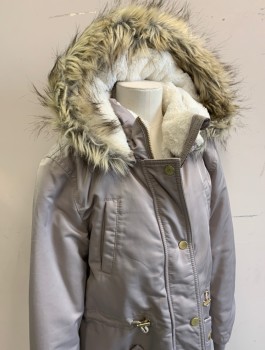 Childrens, Coat, H&M, Putty/Khaki Gray, White, Polyester, Solid, Sz.12, Girls Parka, White Plush Lining, Hooded, Zip Front, Brown/Gray Faux Fur Trim Around Hood, 4 Pockets, Drawstring at Waist, Multiples, **Hood is Detachable