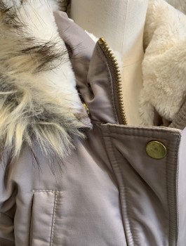 Childrens, Coat, H&M, Putty/Khaki Gray, White, Polyester, Solid, Sz.12, Girls Parka, White Plush Lining, Hooded, Zip Front, Brown/Gray Faux Fur Trim Around Hood, 4 Pockets, Drawstring at Waist, Multiples, **Hood is Detachable