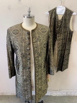 Mens, Historical Fiction Piece 1, SERJ, Gold, Black, Polyester, Floral, 40, Brocade, Gold and Black Metallic Gimp Trim, Self Fabric Covered Buttons, Round Neck,  Cuffed Sleeves, 2 Decorative Pocket Flaps, Center Back Vents at Hem, Beige Cotton Lining, Made To Order, Wealthy Court , Frock Coat