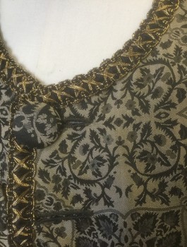 Mens, Historical Fiction Piece 1, SERJ, Gold, Black, Polyester, Floral, 40, Brocade, Gold and Black Metallic Gimp Trim, Self Fabric Covered Buttons, Round Neck,  Cuffed Sleeves, 2 Decorative Pocket Flaps, Center Back Vents at Hem, Beige Cotton Lining, Made To Order, Wealthy Court , Frock Coat