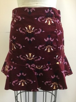 FREE PEOPLE, Red Burgundy, Dusty Pink, Almond, Navy Blue, Cotton, Spandex, Floral, Corduroy, Side Invisible Zipper, No Waistband, Ruffle at Hem