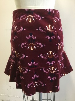 FREE PEOPLE, Red Burgundy, Dusty Pink, Almond, Navy Blue, Cotton, Spandex, Floral, Corduroy, Side Invisible Zipper, No Waistband, Ruffle at Hem