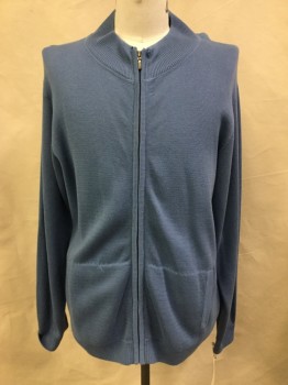 L.L.BEAN, Dusty Blue, Cotton, Solid, Zip Front, 2 Pockets, Wide Rib Knit Collar