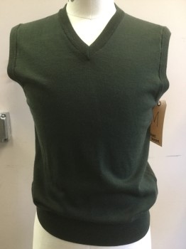 BROOKS BROTHERS, Dk Green, Wool, Solid, V-neck, Pull Over
