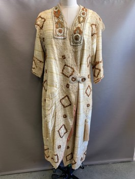 N/L, Ecru, Brown, Yellow, Silk, Stripes - Horizontal , Floral, Ecru with Horizontal Yellow Stripes, Brown and Cream Floral Appliques and Crochet Throughout, 3/4 Sleeves, Wrapped Closure with 1 Beaded Toggle at Hip, Floor Length, Peach Satin Lining,