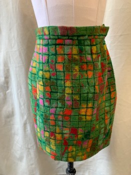 TODD OLDHAM, Green, Dk Green, Red, Orange, Yellow, Wool, Grid , Abstract , Felted, 1.5" Waistband, Side Zip and Tab Closure