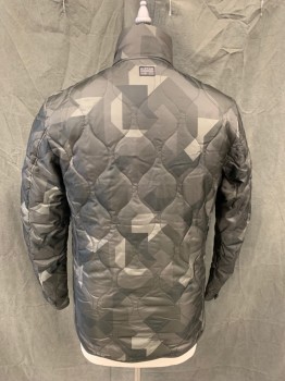 G-STAR RAW, Dk Green, Lt Green, Brown, Polyester, Cotton, Camouflage, Geometric Camoflauge, Zip Front, Stand Collar, 2 Pockets, Long Sleeves, Tab Snaps at Cuff, Quilted Fill