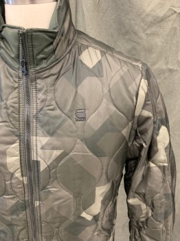 G-STAR RAW, Dk Green, Lt Green, Brown, Polyester, Cotton, Camouflage, Geometric Camoflauge, Zip Front, Stand Collar, 2 Pockets, Long Sleeves, Tab Snaps at Cuff, Quilted Fill