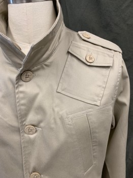 KANE & UNKE, Beige, Cotton, Polyester, Solid, Field Jacket, Button Front, Stand Collar, 6+ Pockets, Button Epaulets, Long Sleeves, Button Cuff, 1 Back Flap Pocket