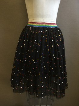 Childrens, Skirt, STELLA MCCARTNEY, Black, Red, Yellow, Blue, White, Polyester, Dots, 10, Black Mesh with Puffy Painted Dots, Rainbow Glitter Elastic Waistband, Black Cotton Shorter Lining