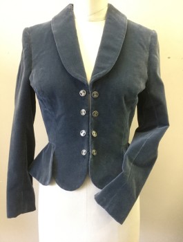 Womens, Historical Fiction Jacket, ERIC WINTERLING LTD, Dusty Blue, Rayon, Solid, W28, B35, Velveteen, Single Breasted, Hook & Eye Closure Center Front with Double Row of Decorative  Buttons, Shawl Lapel, Long Sleeves, Detached Peplum, Lining Stops Unfinished at Armpits