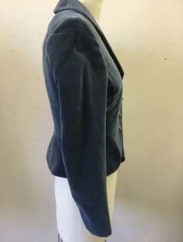 Womens, Historical Fiction Jacket, ERIC WINTERLING LTD, Dusty Blue, Rayon, Solid, W28, B35, Velveteen, Single Breasted, Hook & Eye Closure Center Front with Double Row of Decorative  Buttons, Shawl Lapel, Long Sleeves, Detached Peplum, Lining Stops Unfinished at Armpits