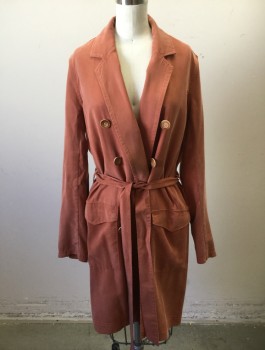 FREE PEOPLE, Rust Orange, Viscose, Solid, Double Breasted, Notched Lapel, 2 Patch Pockets with Flaps at Hips, No Lining, Self Belt Attached at Center Back Waist