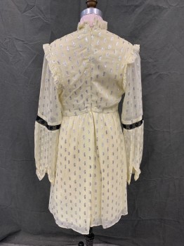 TOPSHOP, Cream, Silver, Viscose, Polyester, Dots, Sheer Cream with Silver Dots Over Solid Cream Slip, Embellished Yoke with Beading and Ruffle Trim, Ruffle Collar, Black Lace Vertical Stripes Down Front, Zip Back, Long Sheer Sleeves with Button Cuff, Black Lace Elbow, Knee Length