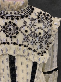 TOPSHOP, Cream, Silver, Viscose, Polyester, Dots, Sheer Cream with Silver Dots Over Solid Cream Slip, Embellished Yoke with Beading and Ruffle Trim, Ruffle Collar, Black Lace Vertical Stripes Down Front, Zip Back, Long Sheer Sleeves with Button Cuff, Black Lace Elbow, Knee Length