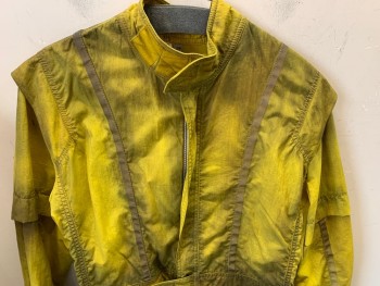Mens, Jumpsuit, N/L, Yellow, Gray, Silver, Nylon, Mottled, S, Long Sleeves, Zip Front, Aged/Distressed,  Stand Collar, Velcro Tabs, Reflective Tape "DMC" and Trim, Sci Fi Prisoner, Barcode on Back of Suit