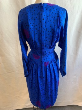 Womens, Dress, DESEGNI BY PEREZ, Primary Blue, Black, Purple, Silk, Speckled, Floral, W25, B34, Round Neck, Long Sleeves, Gathered at Waist, Zip Back