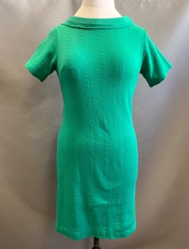 Womens, Dress, N/L, Green, Cotton, Solid, H:38, B:38, Knit, Vertical Cabled Stripes, Short Sleeves, Boat Neck, Shift Dress, Knee Length,