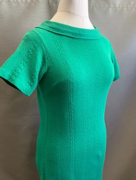 Womens, Dress, N/L, Green, Cotton, Solid, H:38, B:38, Knit, Vertical Cabled Stripes, Short Sleeves, Boat Neck, Shift Dress, Knee Length,
