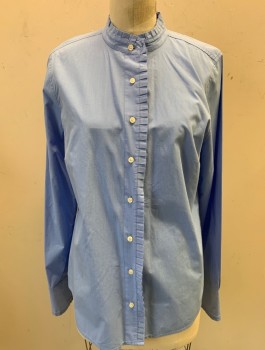 J CREW, Lt Blue, Cotton, Solid, Long Sleeves, Button Front, Band Collar with Self Pleated Ruffle, Pleated Ruffle Down Front Button Placket & at Cuffs