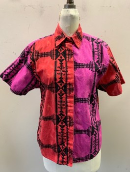 WRANGLER, Magenta Pink, Red, Black, Cotton, Native American/Southwestern , Color Blocking, Short Sleeves, Button Front, Collar Attached,