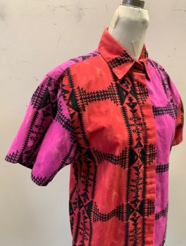 WRANGLER, Magenta Pink, Red, Black, Cotton, Native American/Southwestern , Color Blocking, Short Sleeves, Button Front, Collar Attached,