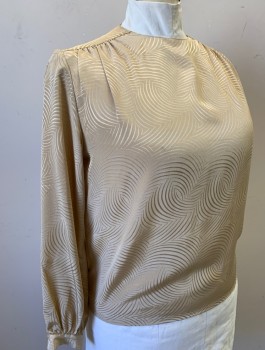 Womens, Blouse, HOOPER, Beige, Polyester, Abstract , Sz.14, B:42, Jacquard, Long Sleeves, Round Neck, Padded Shoulders, Gathered at Shoulder Seams, 3 Buttons at Back of Neck,