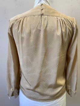 Womens, Blouse, HOOPER, Beige, Polyester, Abstract , Sz.14, B:42, Jacquard, Long Sleeves, Round Neck, Padded Shoulders, Gathered at Shoulder Seams, 3 Buttons at Back of Neck,