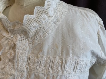 Womens, Blouse 1890s-1910s, N/L, White, Cotton, Solid, B 38, Swiss Dot, B.F. with Loops, Floral and Grid Lace Jagged Edge Trim at Hem/Cuff/Neck, Scoop Neck, Floral Embroidered Lace Yoke Trim, 3/4 Sleeve with Floral Embroidered Lace Trim, Pin Tuck Pleats From Yoke Back and Front, Grid Floral Lace Flap Placket, Vertical Grid Floral Lace Strips From Yoke,